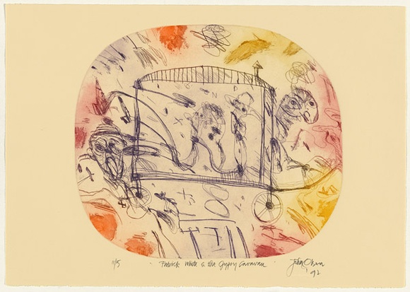 Artist: Olsen, John. | Title: Patrick White and the gypsy caravan | Date: 1992 | Technique: etching and aquatint, printed in colour with plate-tone, from one plate | Copyright: © John Olsen. Licensed by VISCOPY, Australia
