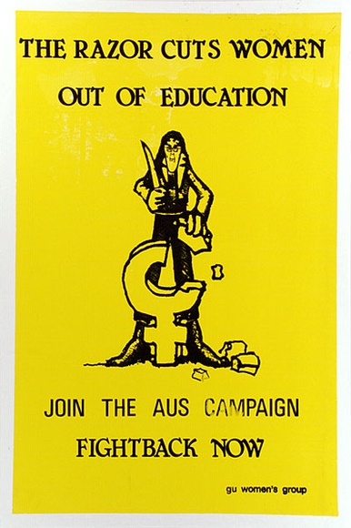 Artist: b'Swan, James.' | Title: b'The razor cuts the women out of eduction' | Date: c.1982 | Technique: b'screenprint, printed in colour, from two stencils'