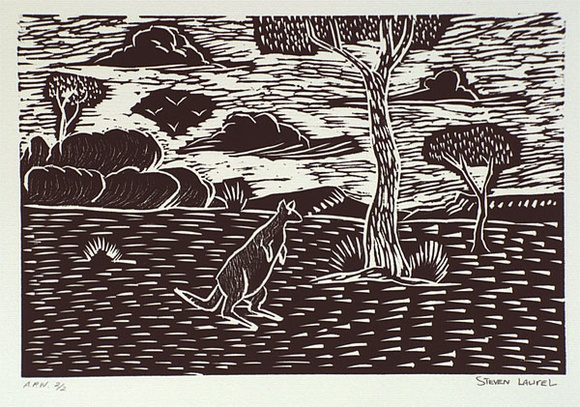 Artist: b'Laurel, Steven.' | Title: b'Kangaroo looking around for his friends' | Date: 2001, August - September | Technique: b'linocut, printed in black ink, from one block'