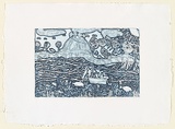 Artist: RED HAND PRINT | Title: Fishing scene at Melville Island | Date: 1999, November | Technique: etching, line-etching, sugarlift aquatint and openbite, printed in blue/black ink, from one plate