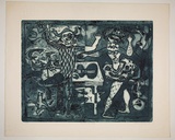 Artist: Haxton, Elaine | Title: Commedia del arte | Date: 1967 | Technique: open-bite etching and aquatint, printed in blue ink
