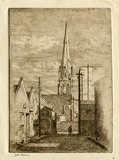 Artist: b'Farmer, John.' | Title: b'Church in Lonsdale Street.' | Date: c.1956 | Technique: b'etching, printed in brown ink with plate-tone, from one plate'