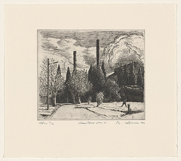 Artist: b'AMOR, Rick' | Title: b'Near the mill' | Date: 2001, July | Technique: b'etching, printed in black ink, from one plate' | Copyright: b'Image reproduced courtesy the artist and Niagara Galleries, Melbourne'