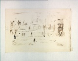 Artist: b'MACQUEEN, Mary' | Title: b'Street scene, Carlton' | Date: 1959 | Technique: b'lithograph, printed in brown ink, from one plate' | Copyright: b'Courtesy Paulette Calhoun, for the estate of Mary Macqueen'