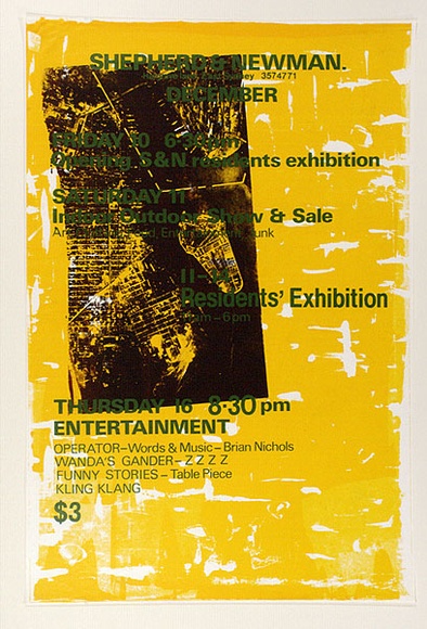 Artist: b'MERD INTERNATIONAL' | Title: b'Poster: Shepherd and Newman, December Opening S and N residents exhibition' | Date: 1984 | Technique: b'screenprint'