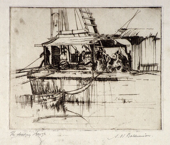 Artist: b'Baldwinson, Arthur.' | Title: b'The dredging barge.' | Date: (1920s) | Technique: b'etching, printed in dark brown ink with plate-tone, from one  plate'