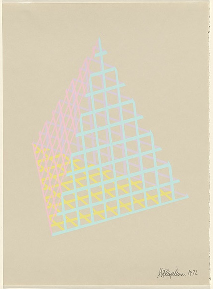 Artist: b'Flugelman, Bert.' | Title: b'(Pyramid in mesh).' | Date: 1972 | Technique: b'screenprint, printed in colour, from four stencil' | Copyright: b'\xc2\xa9 Bert Flugelman'