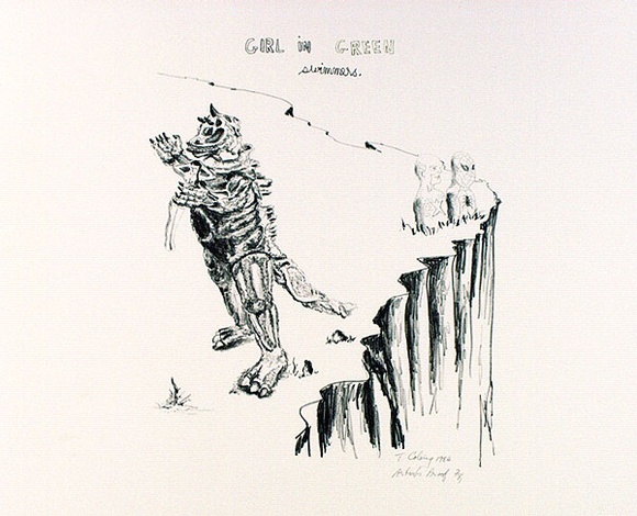 Artist: b'COLEING, Tony' | Title: b'Girl in green swimmers [on cliff].' | Date: 1984 | Technique: b'lithograph, printed in colour, from two stones [or plates]'