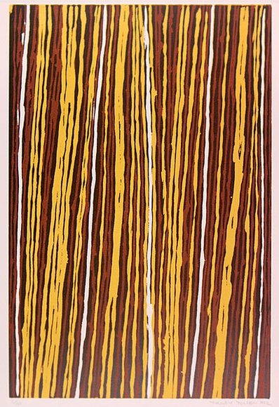 Artist: b'Tjupurrula, Turkey Tolsen' | Title: b'not titled [straightening the spears]' | Date: 1992 | Technique: b'woodcut, printed in colour, from three blocks'