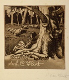 Artist: Hunter, William. | Title: Bookplate: A.L.C. Flint | Date: 1944 | Technique: etching and aquatint, printed in brown ink, from one plate