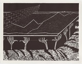 Artist: COLEING, Tony | Title: Battlefield (hands holding right side of tennis court). | Date: 1986 | Technique: linocut, printed in black ink, from one block