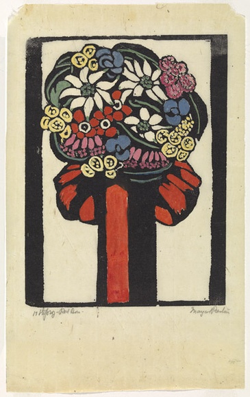 Artist: b'PRESTON, Margaret' | Title: b'Red bow.' | Date: 1925 | Technique: b'woodcut, printed in black ink, from one block; hand-coloured' | Copyright: b'\xc2\xa9 Margaret Preston. Licensed by VISCOPY, Australia'