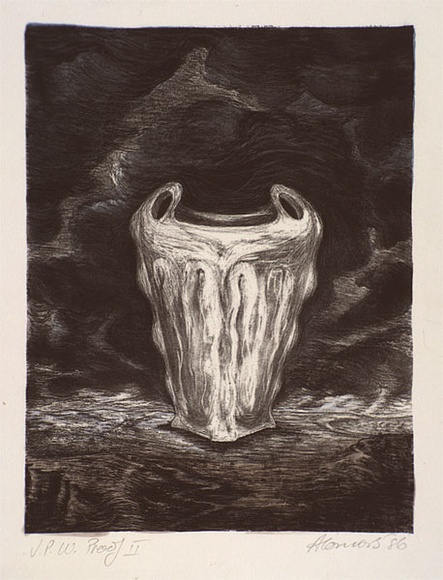 Artist: b'Connors, Anne.' | Title: b'not titled (skull-like vessel)' | Date: 1986 | Technique: b'lithograph, printed in black ink, from one stone; handcoloured in watercolour'