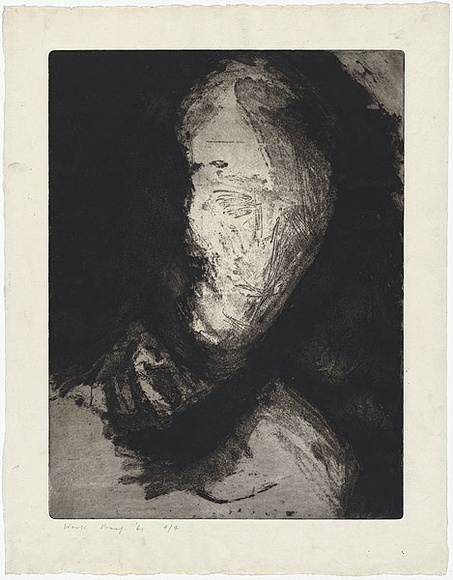 Artist: b'MADDOCK, Bea' | Title: b'Mysterious head' | Date: May 1961 | Technique: b'etching, aquatint and burnishing, printed in black ink, from one zinc plate'