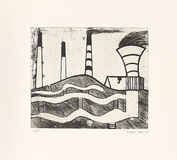 Artist: b'Bray, Vincent.' | Title: b'not titled [mining landscape]' | Date: 2001 | Technique: b'etching, printed in black ink, from one plate'