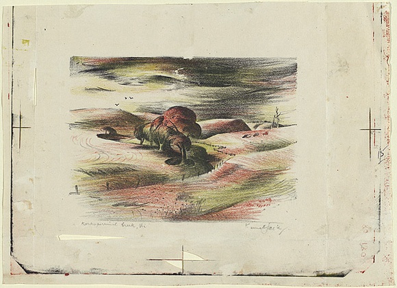 Artist: b'Jack, Kenneth.' | Title: b'Korkuperrimul Creek, Victoria' | Date: 1953 | Technique: b'lithograph, printed in colour, from three zinc plates' | Copyright: b'\xc2\xa9 Kenneth Jack. Licensed by VISCOPY, Australia'