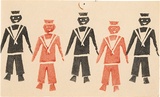 Artist: Northcott, Dawn. | Title: Greeting card: (Black and red sailors) | Date: c.1950 | Technique: potato-cut, printed in colour, from one block