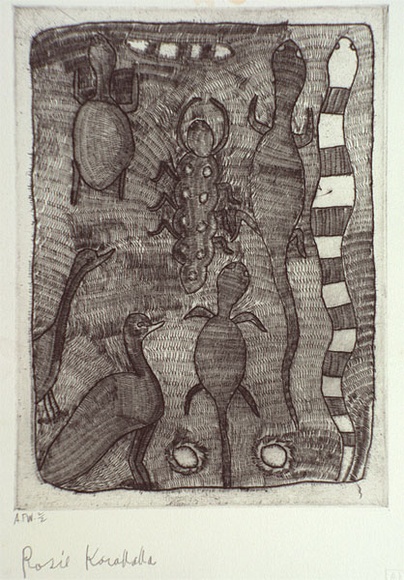 Artist: b'KARADADA, Rosie' | Title: b'not titled #1 [centipede, goanna, snake, turtle and birds]' | Date: 1995, proofed | Technique: b'etching, printed in black ink, from one plate'