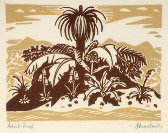 Artist: b'FEINT, Adrian' | Title: b'(Tropical plants).' | Technique: b'linocut, printed in colour, from multiple blocks' | Copyright: b'Courtesy the Estate of Adrian Feint'