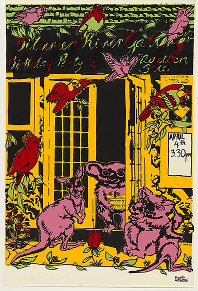 Artist: b'MEGALO GRAFIX' | Title: b'Bitumen River Gallery Birthday Party and Auction Sale.' | Date: 1982 | Technique: b'screenprint, printed in colour, from five stencils'