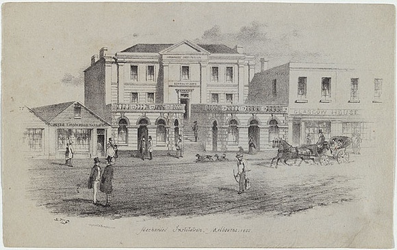 Artist: b'GILL, S.T.' | Title: bMechanic's institution, Melbourne. | Date: 1855 | Technique: b'lithograph, printed in black ink, from one stone'