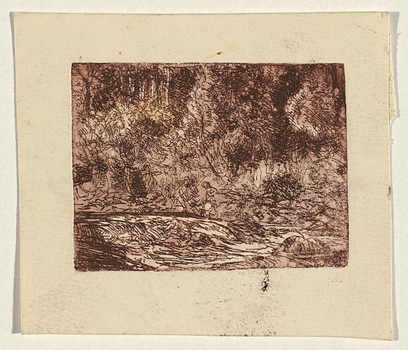 Title: b'not titled [landscape with people by a river]' | Date: c.1960 | Technique: b'etching and aquatint, printed in red ink, from one plate'