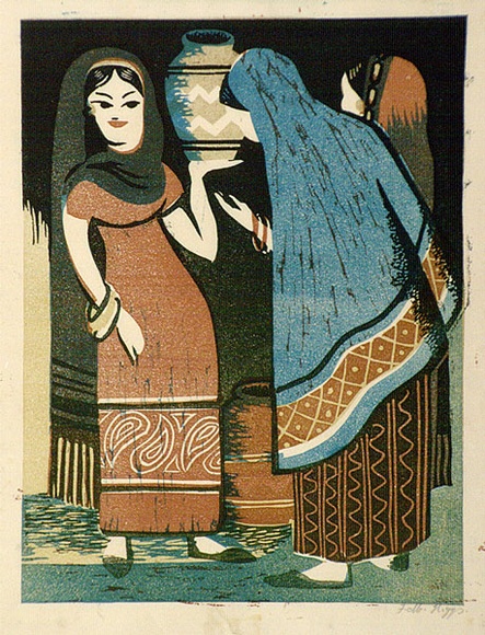 Artist: b'Higgs, Florence.' | Title: b'(Gossip)' | Date: (1954) | Technique: b'linocut, printed in colour, from four blocks'