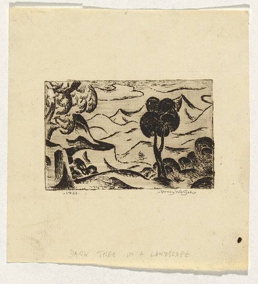Artist: Watson, Percy. | Title: (Dark tree in a landscape) | Date: 1953 | Technique: etching, printed in black ink, from one plate