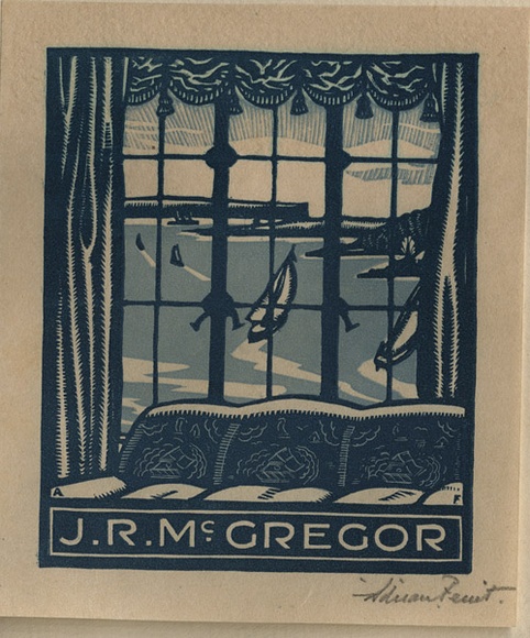 Artist: b'FEINT, Adrian' | Title: b'Bookplate: J.R. McGregor.' | Date: (1929) | Technique: b'wood-engraving, printed in colour, from two blocks in light and dark blue inks' | Copyright: b'Courtesy the Estate of Adrian Feint'