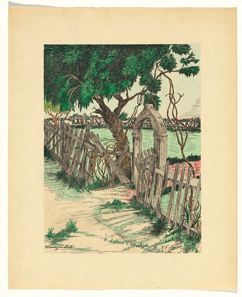 Artist: b'Leggett, E.' | Title: bMemory's gate | Date: 1938 | Technique: b'lineblock, printed in black ink, from one block; hand-coloured'