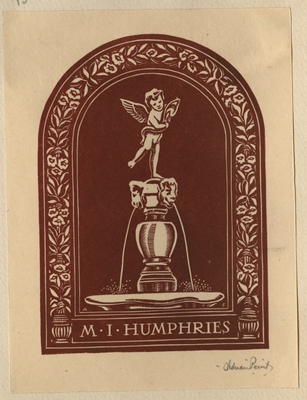 Artist: b'FEINT, Adrian' | Title: b'Bookplate: M.I. Humphries.' | Date: (1935) | Technique: b'wood-engraving, printed in brown ink, from one block' | Copyright: b'Courtesy the Estate of Adrian Feint'