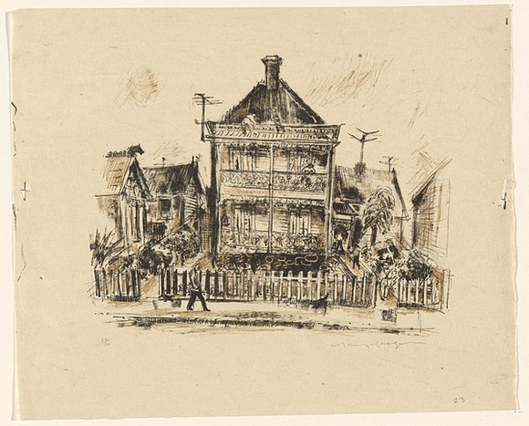 Artist: b'LINDSAY, Lionel' | Title: b'The old Barracks, King Street, Sydney.' | Date: 1917 | Technique: b'etching, printd in brown ink, from one plate' | Copyright: b'Courtesy of the National Library of Australia'