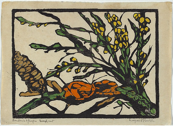 Artist: PRESTON, Margaret | Title: Banksia and fungus | Date: 1936 | Technique: woodcut, printed in black ink, from one block; hand-coloured | Copyright: © Margaret Preston. Licensed by VISCOPY, Australia