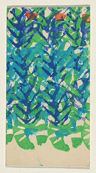 Title: b'Card: Christmas' | Technique: b'stamp, printed in blue, green and red ink, from three blocks'