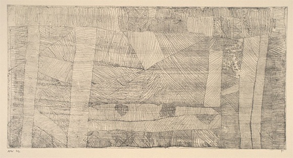 Artist: b'Kantilla, Kitty. (Kutuwalumi Purawarrumpatu).' | Title: b'not titled III [intersecting fine lines in triangular forms]' | Date: 2001, February - March | Technique: b'etching, printed in black ink, from one plate' | Copyright: b'\xc2\xa9 Kitty Kantilla and Jilamara Arts + Craft'