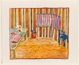 Artist: b'Eager, Helen.' | Title: b'(Studio with striped blinds).' | Date: 1975 | Technique: b'lithograph, printed in colour, from multiple plates; collage'