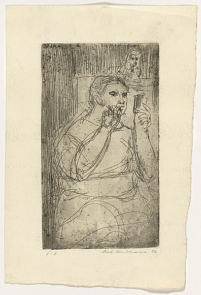 Artist: b'WILLIAMS, Fred' | Title: b'Toilette' | Date: 1954-55 | Technique: b'etching, aquatint, drypoint, printed in black ink with plate-tone, from one zinc plate' | Copyright: b'\xc2\xa9 Fred Williams Estate'