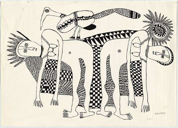 Artist: b'Kauage, Mathias.' | Title: b'not titled [two female figures and bird]' | Date: September 1974 | Technique: b'screenprint, printed in brown ink, from one stencil'