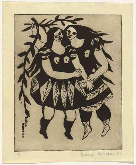 Artist: b'HANRAHAN, Barbara' | Title: b'The sisters' | Date: 1961 | Technique: b'drypoint, aquatint, printed in black ink, from one plate'