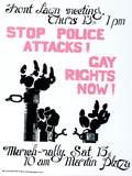 Artist: Ad Hoc. | Title: Stop police attacks! Gay rights now!. | Date: 1979, July | Technique: screenprint, printed in colour, from three stencils