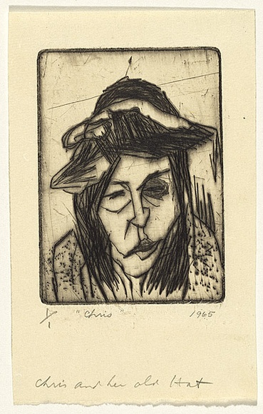 Artist: b'WALKER, Murray' | Title: b'Chris and her old hat' | Date: 1965 | Technique: b'drypoint, printed in black ink, from one plate'