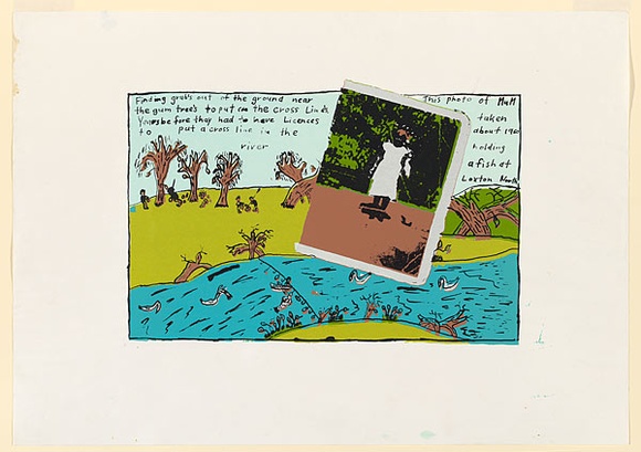 Artist: b'Abdulla, Ian.' | Title: b'Finding grubs on the cross line' | Date: 1988 | Technique: b'screenprint, printed in colour, from multiple stencils' | Copyright: b'\xc2\xa9 Ian W. Abdulla'