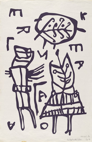 Artist: b'Mathias.' | Title: b'The angel and the tortoise' | Date: September 1968 | Technique: b'screenprint, printed in purple ink, from one screen'