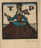 Artist: FEINT, Adrian | Title: Bookplate: T P [Thea Proctor]. | Date: 1926 | Technique: wood-engraving, printed in black ink, from one block; hand-coloured | Copyright: Courtesy the Estate of Adrian Feint