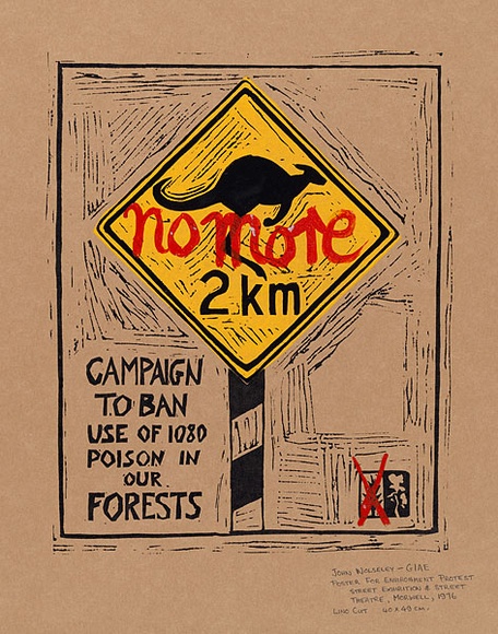 Artist: b'Wonderful Art Nuances Club.' | Title: b'Campaign to ban use of 1080 poison in our forests. (Poster for Environment Protest Street Exhibition and Street Theatre)' | Date: (1976) | Technique: b'linocut, printed in colour, from three blocks' | Copyright: b'\xc2\xa9 John Wolseley. Licensed by VISCOPY, Australia'