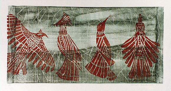 Artist: b'Buckley, Sue.' | Title: b'Aztec birds.' | Date: 1980 | Technique: b'woodcut, printed in colour, from multiple blocks' | Copyright: b'This work appears on screen courtesy of Sue Buckley and her sister Jean Hanrahan'