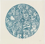 Artist: Lasisi, David. | Title: not titled [circular motif of faces] | Technique: screenprint, printed in teal ink, from one stencil