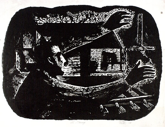 Artist: b'Gleeson, William.' | Title: b'The warning' | Date: 1955 | Technique: b'linocut, printed in black ink, from one block' | Copyright: b'This work appears on screen courtesy of the artist'