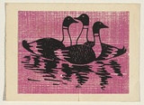 Title: not titled [ducks] | Technique: woodcut, printed in pink and black ink, from two blocks