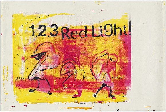 Artist: b'MERD INTERNATIONAL' | Title: b'Poster: 1 2 3 Red light' | Date: 1984 | Technique: b'screenprint, printed in colour, from three stencils'